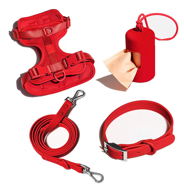 Petisland Macaron Dog Harness PVC Coating Collar And Leash with Plastic Poo Bag Holder