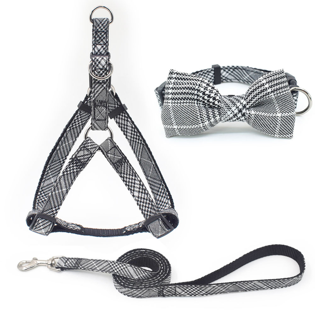 Plaid Cotton Quick Wear Design Dog Collar Leash Harness Set for All Breed
