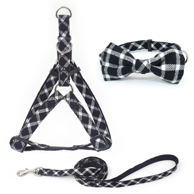 Plaid Cotton Quick Wear Design Dog Collar Leash Harness Set for All Breed