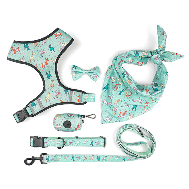 Colorful OEM Pattern Neoprene 6 in 1 Pet Dog Collar Leash Harness Bandana Dispenser Set