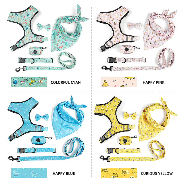Colorful OEM Pattern Neoprene 6 in 1 Pet Dog Collar Leash Harness Bandana Dispenser Set