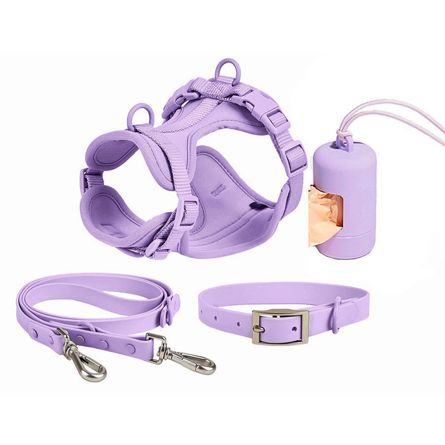 Petisland Macaron Dog Harness PVC Coating Collar And Leash with Plastic Poo Bag Holder