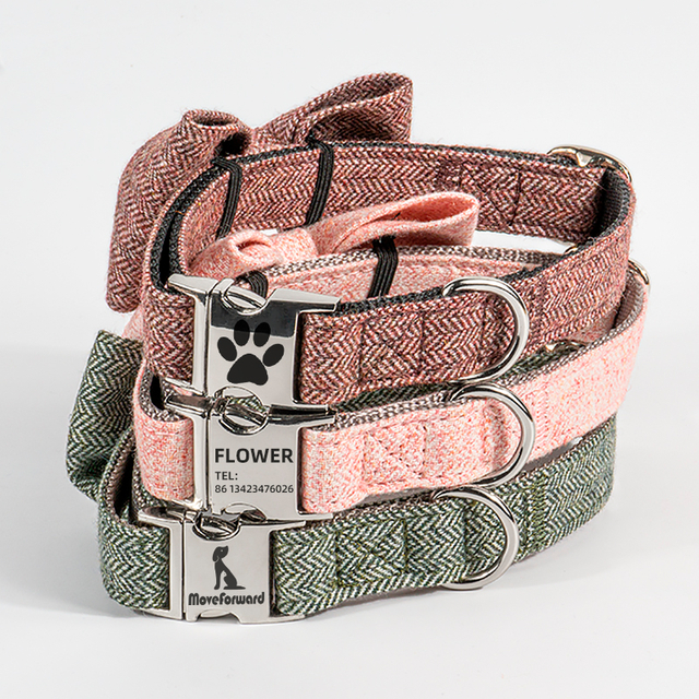 Twill Fabric Lovely Nylon Dog Collar with Bowtie Name Contact Laser